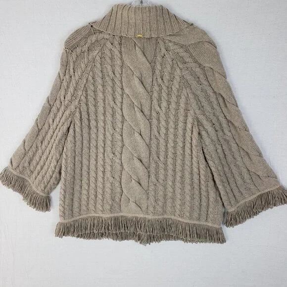 ST. JOHN Wool Blend Sweater Cardigan Fringe Soft Cable Knit Taupe Gray size M - Picture 8 of 15